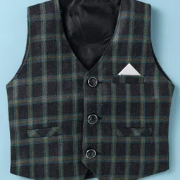 Rikidoos Full Sleeves Solid Shirt With Checked Waistcoat Pant Suspender Cap & Bow Set - Off White & Grey image 4