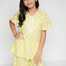 Global Desi Girl Lime Yellow Floral Print Kurta with Sharara image 3