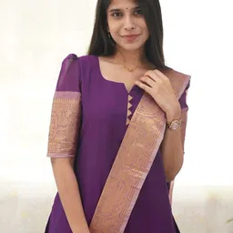 Vastukala Women Woven Design Zari Pure Kanchi Cotton Kurta with Dupatta image 5