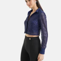 Kazo Navy Embellished Crop Shirt image 3
