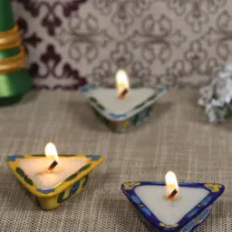 Aapno Rajasthan Blue & Yellow Stunning Triangular Shape Candle Diya - Set of 3-image-16