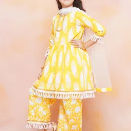 AJ Dezines Kids Yellow & White Floral Kurta, Sharara with Dupatta image 3