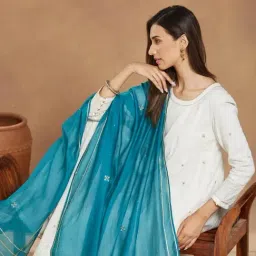 Fabindia Teal Cotton Silk Hand Embroidered Dupatta image 3