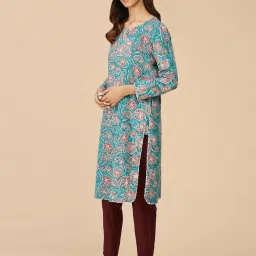 Fabindia Aqua Blue Cotton Floral Print Straight Kurta image 3