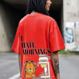 Bewakoof Women's Red Garfield Hates Mornings Graphic Printed Oversized T-Shirt-image-70