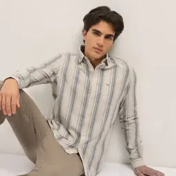 The Bear House Cream Cotton Slim Fit Striped Shirt-image-0
