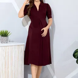 EASY MOM Women Shirt Collar Puff Sleeve Fit and Flare Maternity Midi Dresses-picture-28