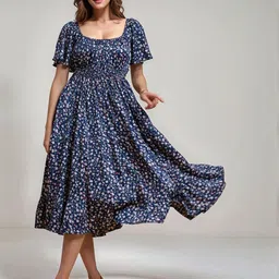 DressBerry Women Floral Printed Square Neck Flared Sleeve Fit & Flare Midi Dress image 5
