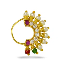 jewelopia Maharashtrian Diamond Banu Nath Ruby AD/CZ Non Piercing Marathi Nose Stud for Girls and Women image 1