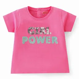 Babyhug 100% Cotton Half Sleeves T-Shirt with Graphics & Sequins Detailing- Pink-image-16