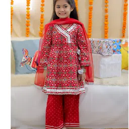 BownBee Pure Cotton Three Fourth Sleeves Abstract Printed Angrakha Kurta With Pant & Dupatta - Red-picture-32