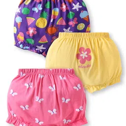 Babyhug 100% Cotton Knit Bloomers with Floral Butterfly & Pineapple Print Pack of 3 - Pink Yellow & Purple-image-58