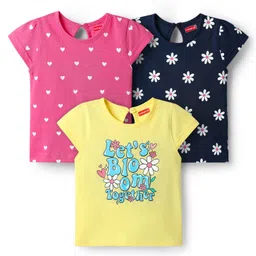 Babyhug Cotton Knit Half Sleeves T-Shirts with Heart & Floral Print Pack of 3 - Pink Yellow & Navy Blue-picture-26