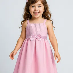 Babyhug Woven Sleeveless Pleated Party Dress With Bow Applique - Pink-picture-20
