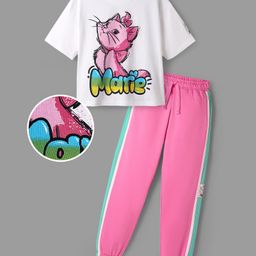 Ollington St. Disney Single Jersey Knit Drop Shoulder Half Sleeves Oversized T-Shirt & Lounge Pant Set with Marie Graphics & Badge Detailing - Pink & White-image-76