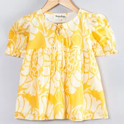 Hugsntugs Cotton Woven Half Puffed Sleeves Floral Printed Top - Yellow-picture-17