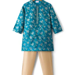 Babyhug Brocade Woven Full Sleeves Kurta Pyjama Set With Foil Floral Print - Teal Blue-picture-19