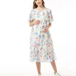 Bella Mama Floral Print Georgette Flutter Sleeves Maternity Dress with Side Pockets - White image 3