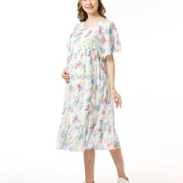Bella Mama Floral Print Georgette Flutter Sleeves Maternity Dress with Side Pockets - White image 4