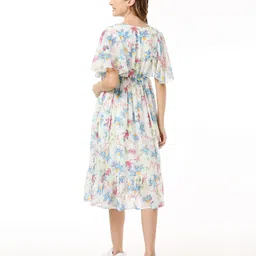 Bella Mama Floral Print Georgette Flutter Sleeves Maternity Dress with Side Pockets - White image 5