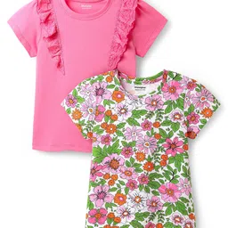 Honeyhap Premium 100% Cotton Knit Half Sleeves Tops with Bio Finish & Floral Print Pack of 2 - Sachet Pink & Bright White image 4