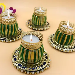 GADINFASHION Green & Gold-Toned Set of 4 Candle Holder image 2