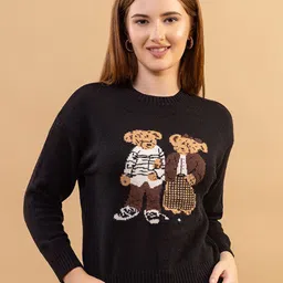 all about you Women Embroidered Round Neck Ribbed Pullover Woollen Sweater-image-90