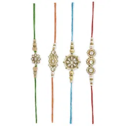 Karatcart Gold-Plated Handmade Kundan Rakhi with Roli & Chawal for Brother - Set of 4 image 3