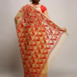 Bengal Handloom Light Beige & Red Art Silk Jamdani Saree Without Blouse image 2