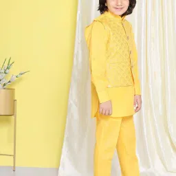 AJ Dezines Kids Yellow Cotton Embroidered Full Sleeves Kurta Set image 3