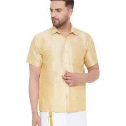 VASTRAMAY Beige Straight Fit Self Pattern Ethnic Shirt-image-14