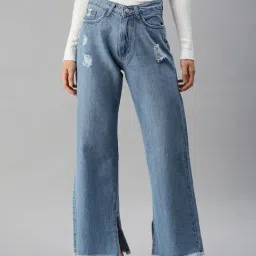 showoffff SHOWOFF Mildly Distressed Blue Wide Leg Denim Jeans-picture-43