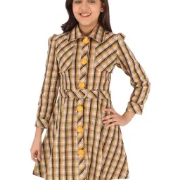 Cutecumber Kids Mustard Checks Full Sleeves Shirt Dress with Belt-image-79