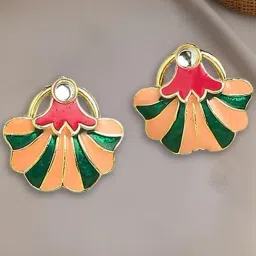 OOMPH Green & Pink Meenakari Enamel Indo Western Floral Design Stud Earrings-picture-15
