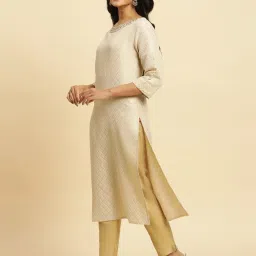 W Beige Embroidered Straight Kurta image 3
