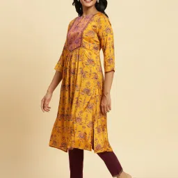 W Mustard Floral Print Straight Kurta image 3