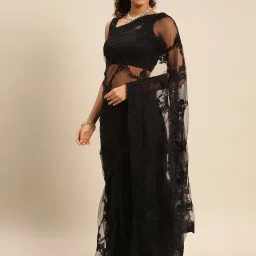 AYKA CLOTHINGS Black Net Embroidered Saree With Unstitched Blouse image 3