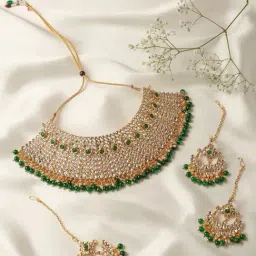 Zaveri Pearls Green Stones & Beads Bridal Kundan Choker Necklace Earring & Maangtikka Set-ZPFK10138-image-35