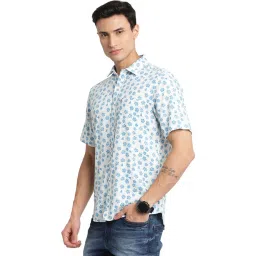 Turtle Blue & White Linen Slim Fit Printed Shirt image 3