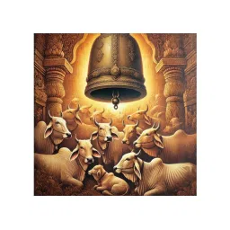 999Store Brown Canvas Cows Resting Underneath A Large Temple Bell Painting image 2