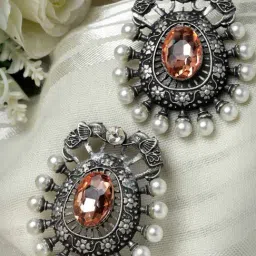 Moedbuille Crystal and Pearl Filigree Work Oxidised Silver Plated Handcrafted Temple Earrings-image-61