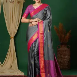 Satrani Grey & Rani Pink Silk Woven Saree With Unstitched Blouse-image-1