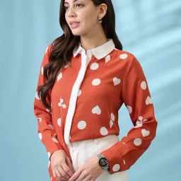 Globus Women Rust Printed Self Design Collared Neck Cuffed Sleeves Shirt-picture-33