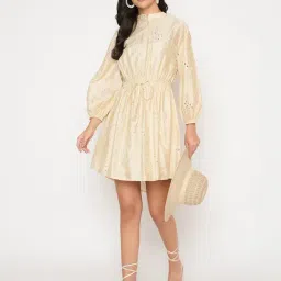 MADAME Beige Schiffli Off White Viscose Mini Dress image 4