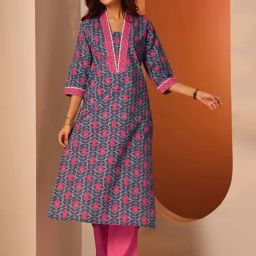 Libas Blue Cotton Straight Fit Floral Print Kurta-picture-10