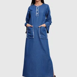 Orchid Blues Women Flared Sleeve Denim A-Line Maxi Dress With Raw Pocket Detail image 1
