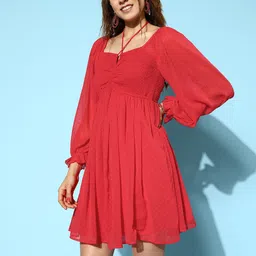 Antheaa Self Design Puff Sleeve Chiffon Fit & Flare Dress image 4