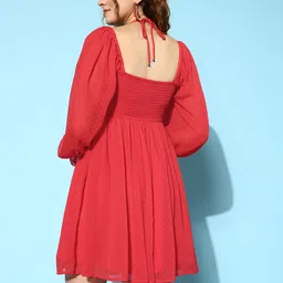 Antheaa Self Design Puff Sleeve Chiffon Fit & Flare Dress image 5