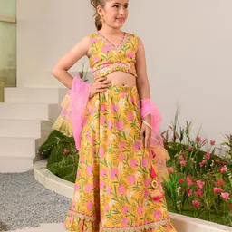 Pspeaches Sleeveless Motif Printed Gota Patti Detailed Lehenga Choli With Dupatta - Mustard Yellow-picture-23