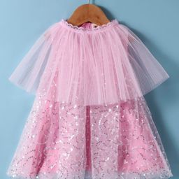 ToffyHouse 100% Cotton Knit Half Sleeves A Line Sequined Mesh Party Frock with Poncho - Pink-picture-41